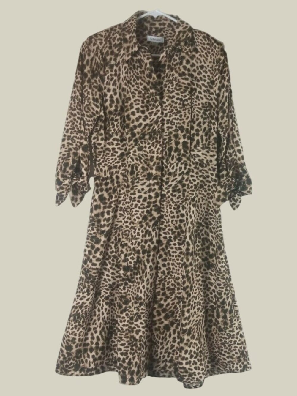 Calvin Klein Leopard Midi Shirtdress Womens Medium Brown Career Office Mob Wife